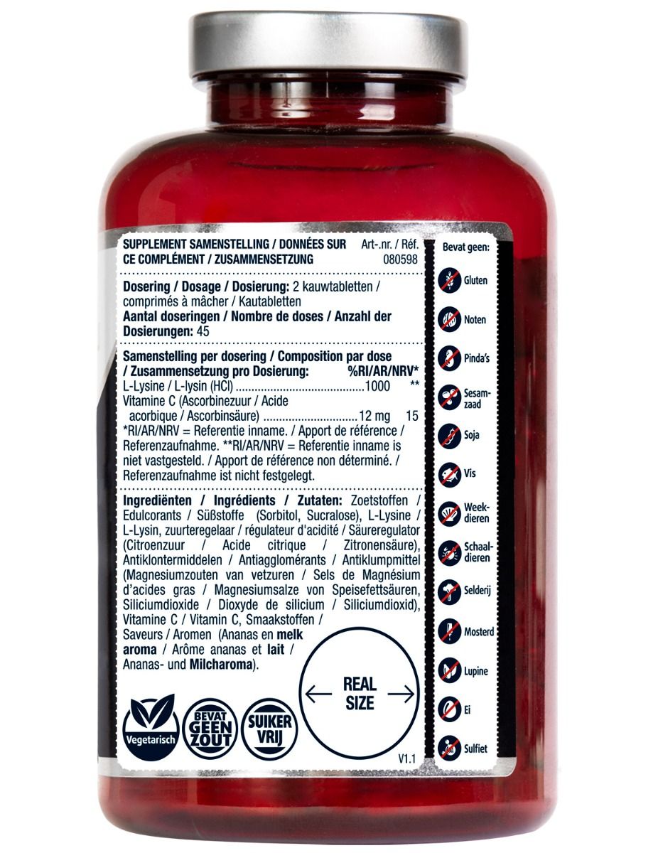 Achterkant van de fles. Bevat informatie over ingrediënten, dosering en voedingswaarden. Met certificeringen.