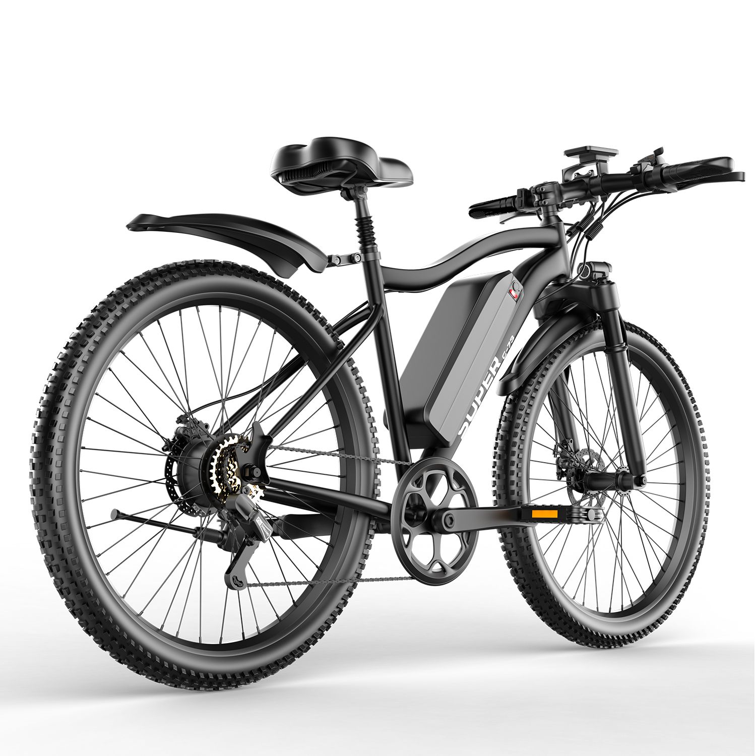 Vélo électrique noir, vue latérale. Détails visibles : garde-boue, selle, pédales, pneus, dérailleur.