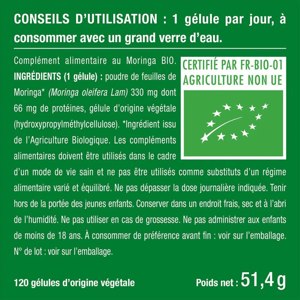 Conseils d'utilisation : 1 gélule par jour avec de l'eau. Ingrédients, poids, certification.