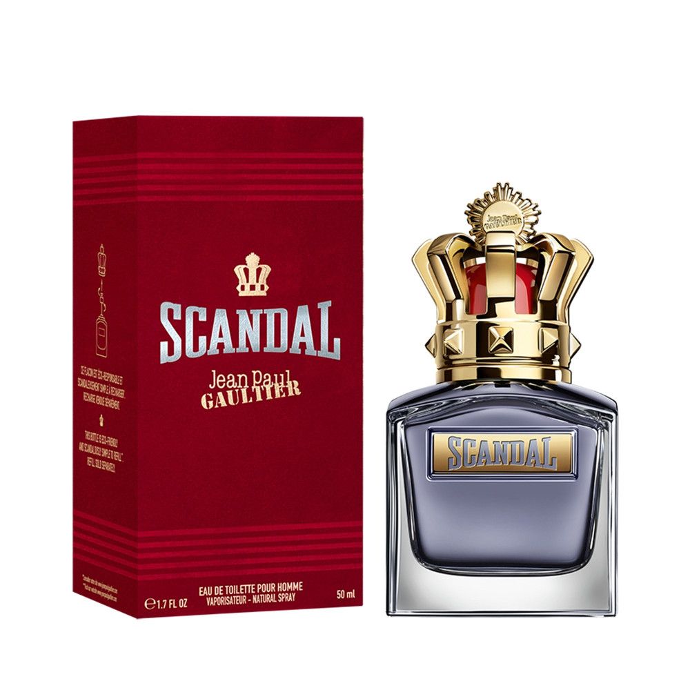 Fles en verpakking van Jean Paul Gaultier Scandal Eau de Toilette. Rode doos met gouden opschrift. Fles met kroonvormige dop.