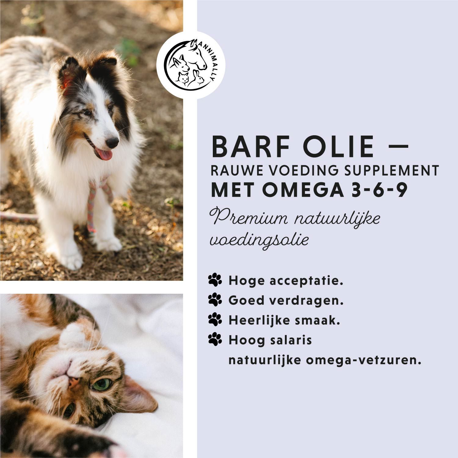 Tekst met productinformatie. Hond en kat liggen samen. Tekst: Olie BARF met Omega 3-6-9. Hoge acceptatie.