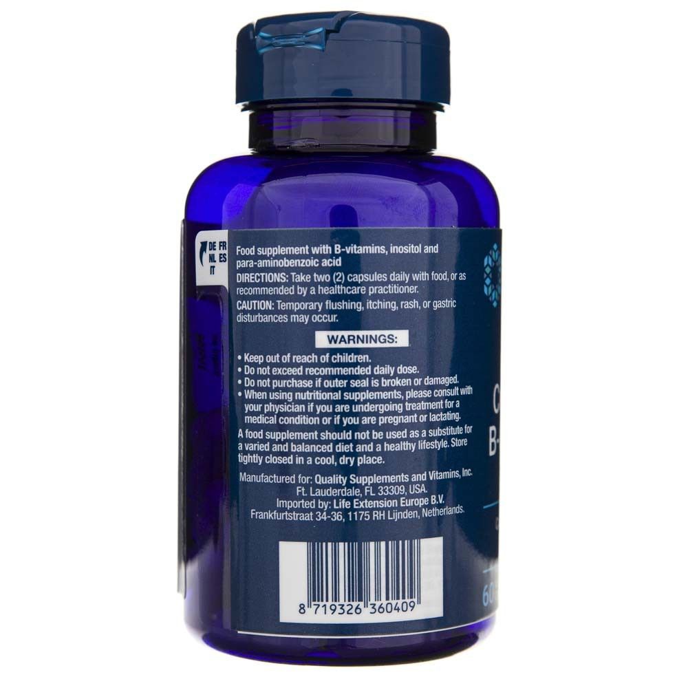 Achterkant van een container met Life Extension BioActive Complete B-Complex. Bevat gebruiksinstructies en waarschuwingen.