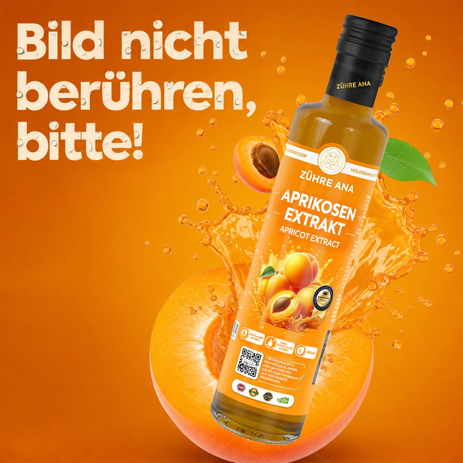 Bouteille d'extrait d'abricot, étiquette avec fruits et texte.