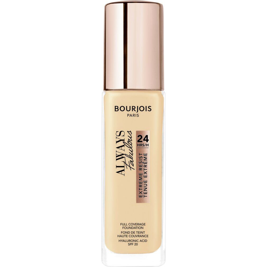 Bourjois Always Fabulous foundationflesje met roségouden dop. Opschrift: Always Fabulous, 24H, Extreme Resist.