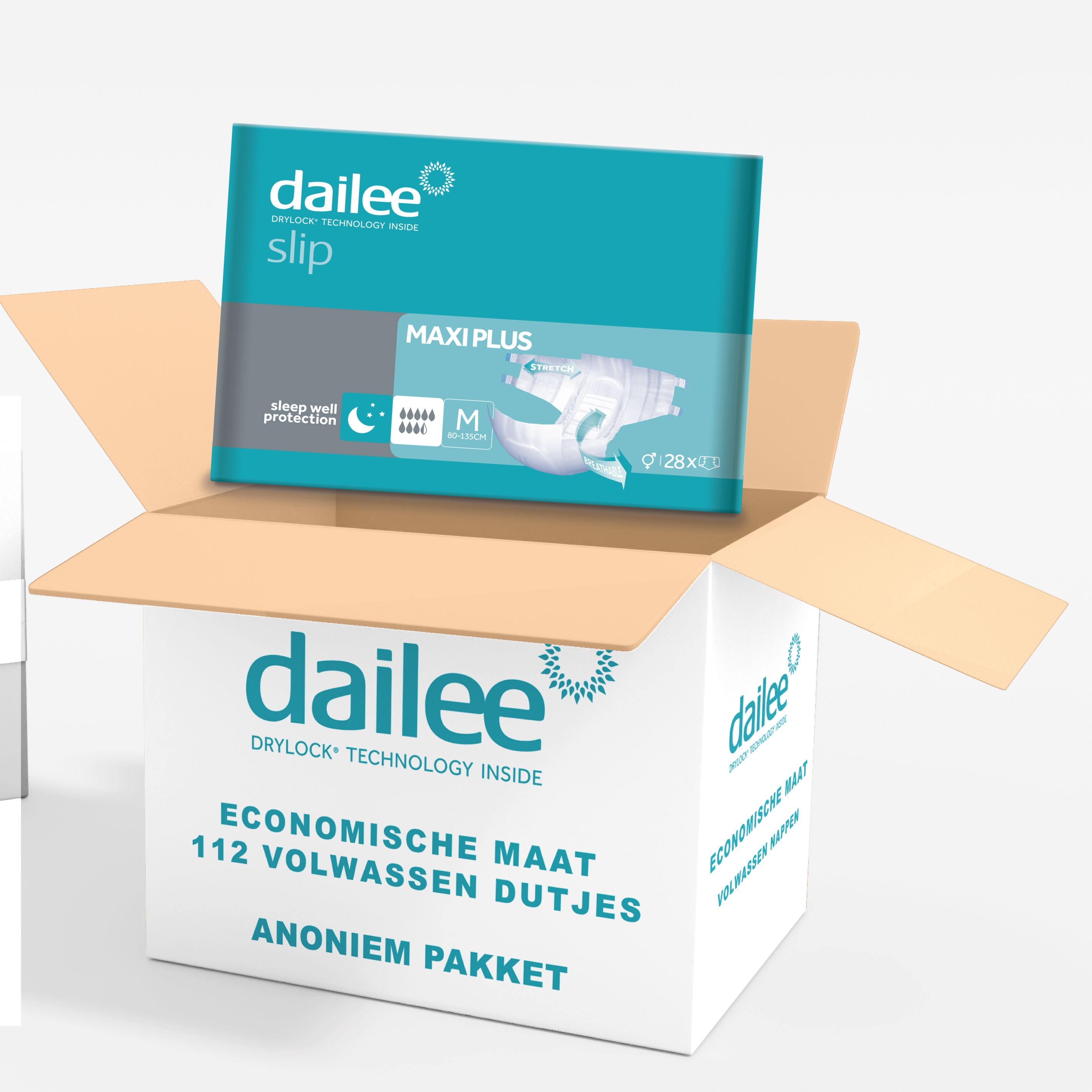 Open doos met Dailee Slip Maxi Plus verpakkingen. Tekst: ECONOMISCHE MAAT 112 VOLWASSEN DUTJES. ANONIEEM PAKKET.