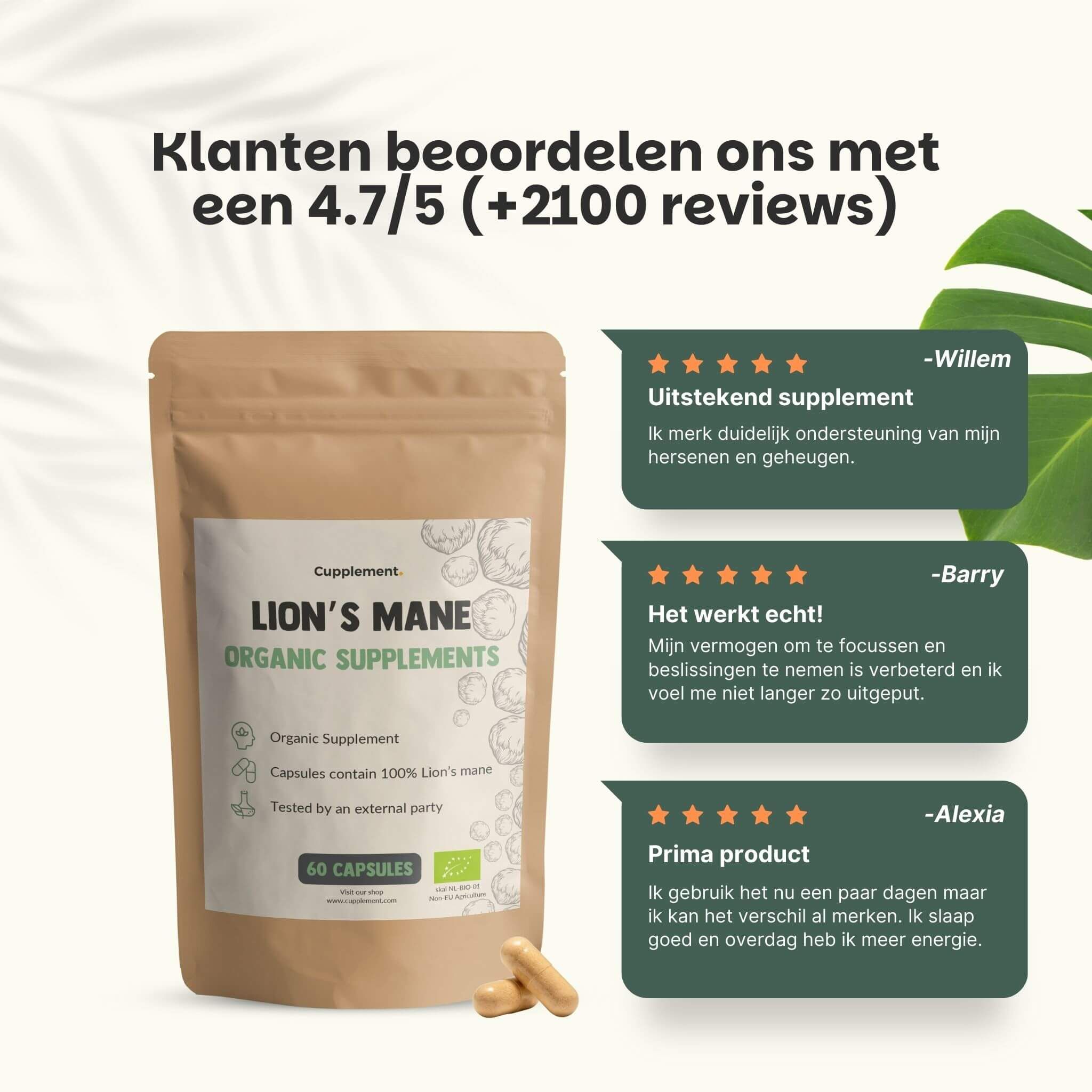 Bruine zak met capsules. Opschrift: Lion's Mane Organic Supplements. 60 capsules. Klantenbeoordelingen.