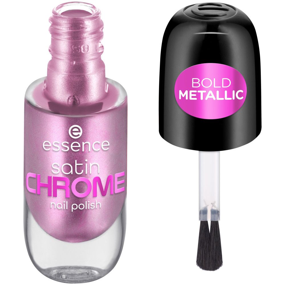 Flacon de vernis à ongles Essence Satin Chrome, rose métallisé, ouvert. Bouchon noir avec autocollant rose "BOLD METALLIC", pinceau visible.