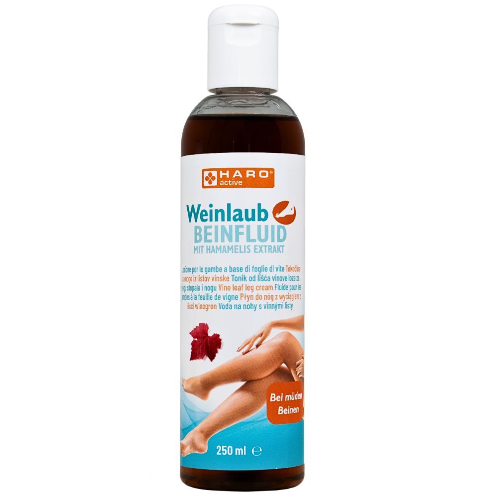 Bruine vloeistof in fles met witte dop. Opschrift: Haro Weinlaub Beinfluid. Illustratie van benen. 250 ml.