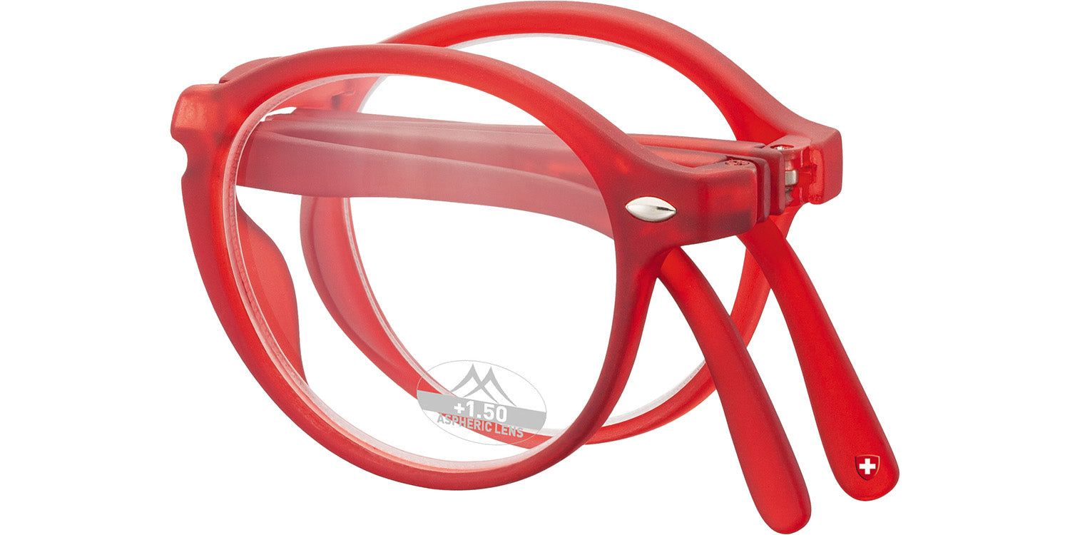 Lunettes de lecture rouges pliées. Verres ronds, monture plastique. Logo et correction +1.50 visibles.