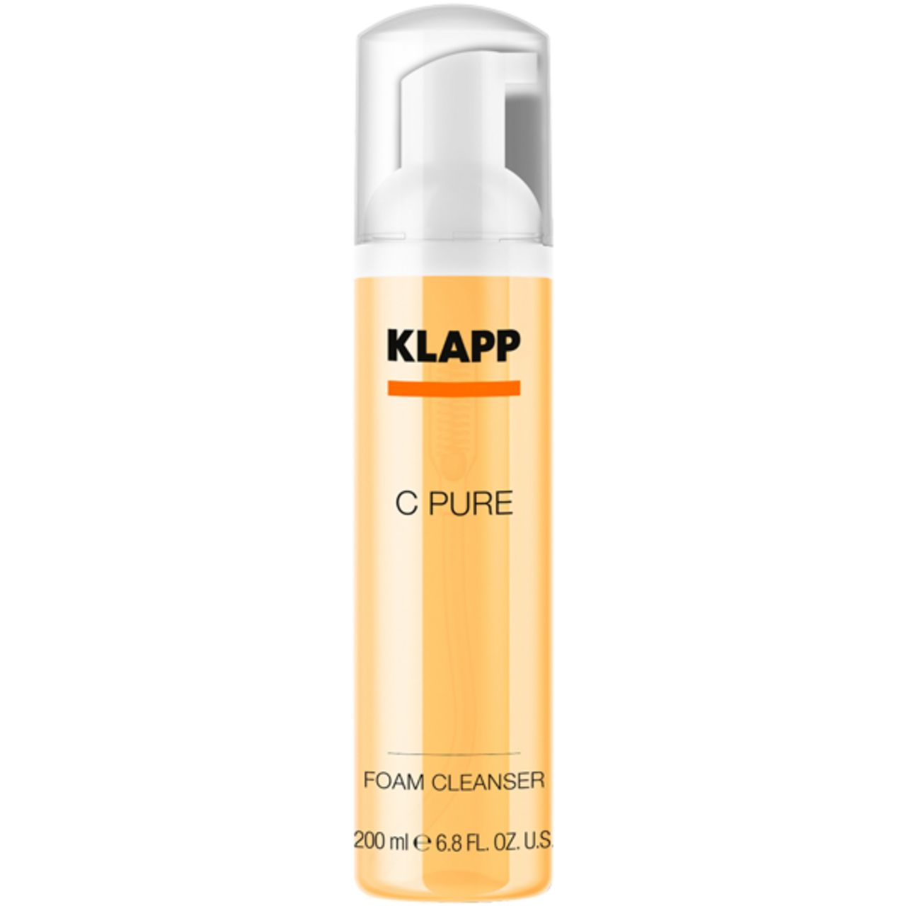 Gele fles met witte pomp. Opschrift: KLAPP, C Pure, Foam Cleanser. Volumeaanduiding.