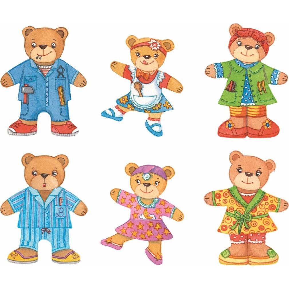 Zes geïllustreerde beren in verschillende outfits. De beer draagt kleding zoals dokter, kok en pyjama.