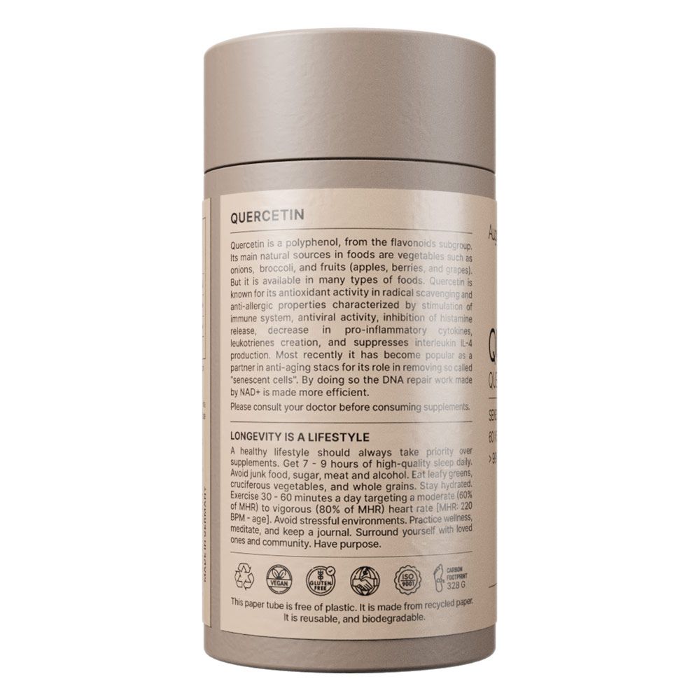 Tube en carton brun avec étiquette décrivant un complément alimentaire de quercétine.