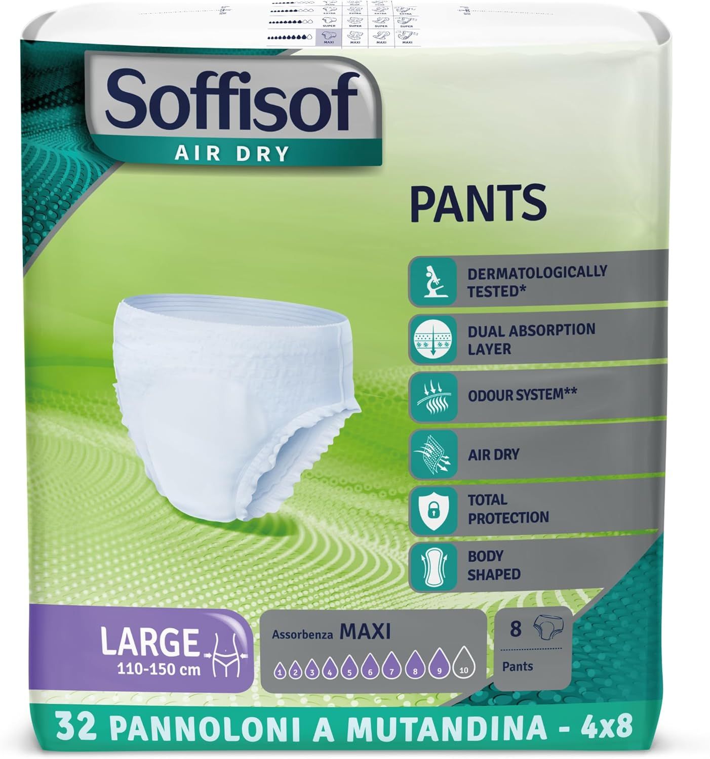Soffisof Pants Maxi. Maat L, 110-150 cm. 8 stuks. Verpakking met productkenmerken.