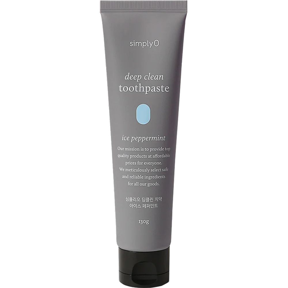 Grijze tandpastatube met zwarte dop. Opschrift "simplyO Deep Clean Toothpaste Ice Peppermint".