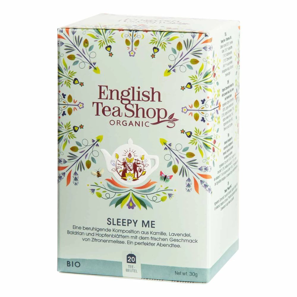 Boîte de thé BIO English Tea Shop Sleepy Me. 20 sachets. Impression avec théière et éléments floraux.