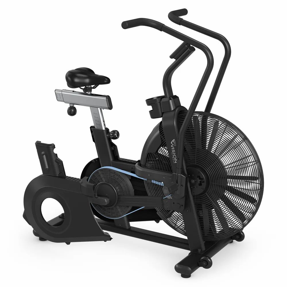 Zwarte airbike met ventilatorwiel, zadel, stuur en pedalen. Fitnessapparaat voor cardiotraining.