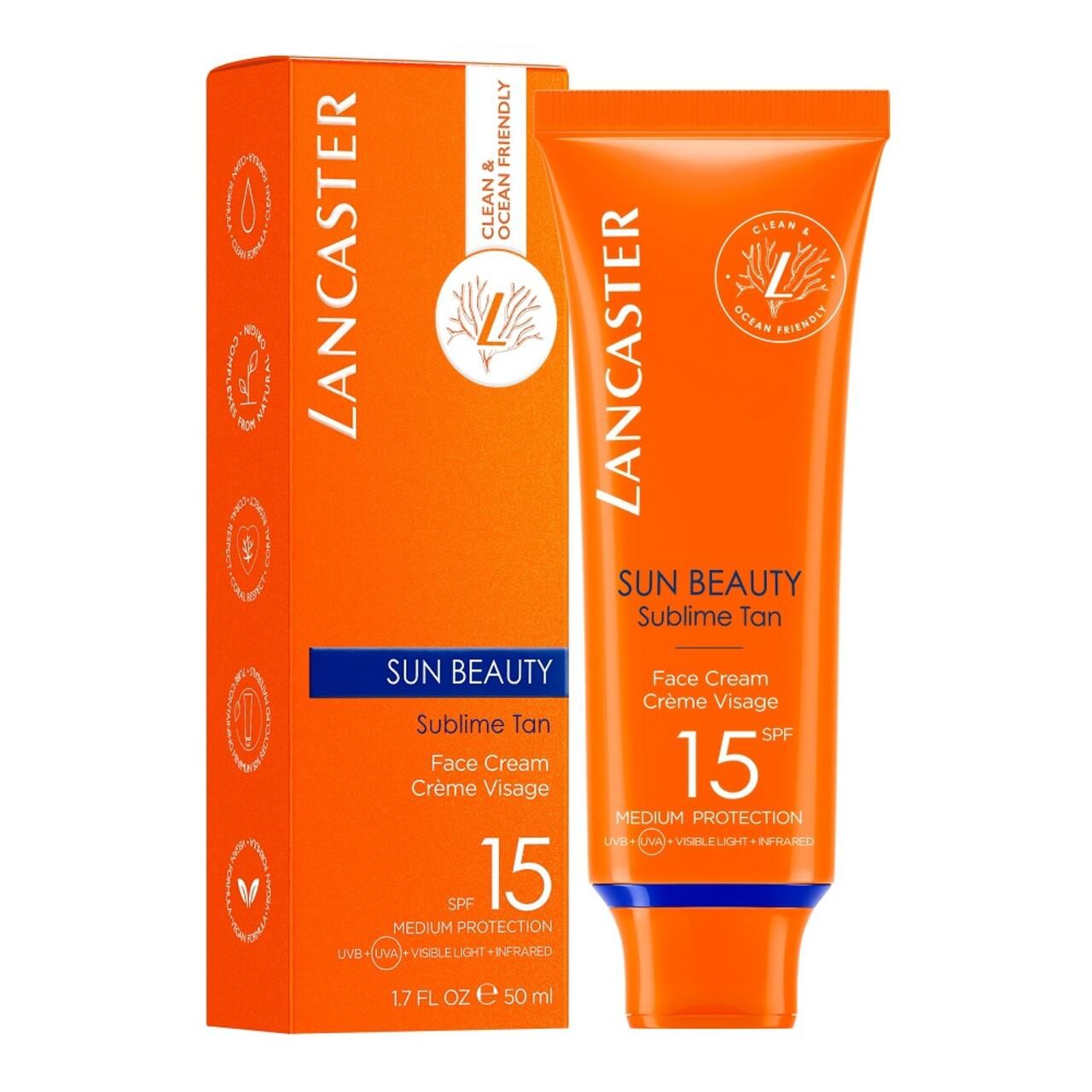 Tube et emballage orange. Lancaster Sun Beauty, SPF 15. Crème visage. Ocean Friendly.