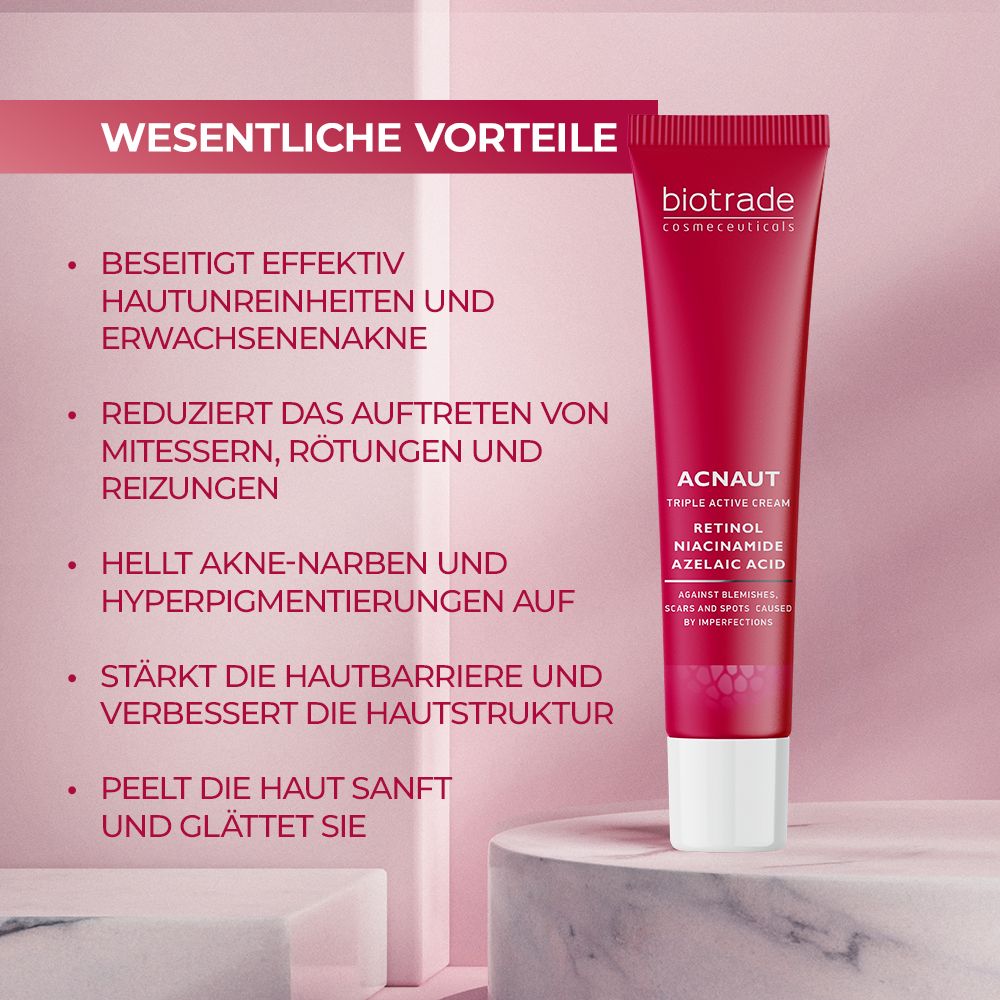 Tube rouge avec bouchon blanc. Texte: Biotrade, Acnaut Triple Active Cream. Contient du rétinol, de la niacinamide, de l'acide azélaïque. Fond rose.