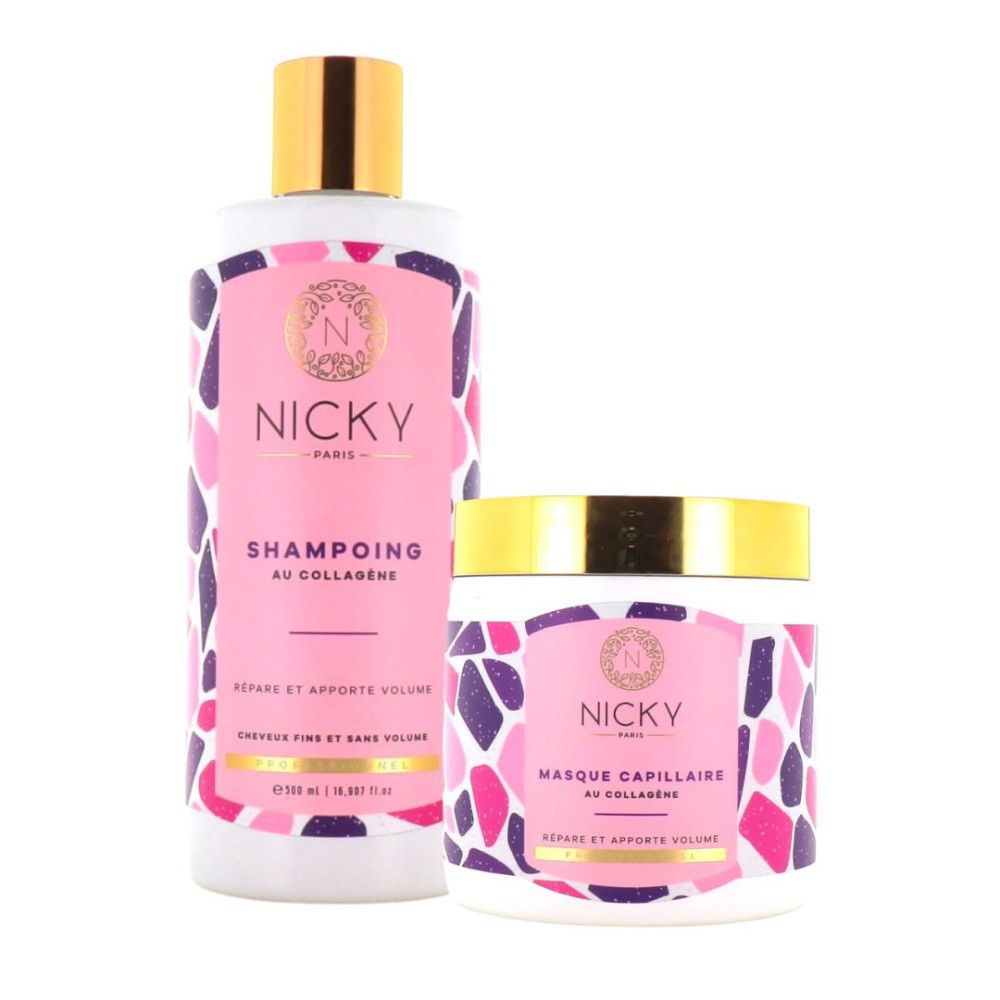 Set van shampoo en haarmasker. Beide producten hebben roze etiketten met gouden doppen. Opschrift: Nicky Paris, Shampooing au collagène en Masque capillaire.