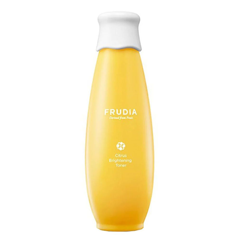 Gele fles met witte dop. Opschrift: Frudia, Citrus Brightening Toner.