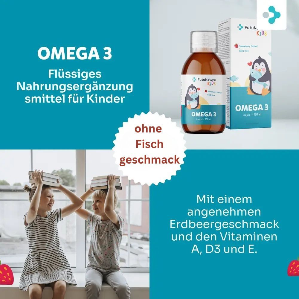 Image du produit avec bouteille et emballage. Texte : Oméga 3, complément alimentaire liquide pour enfants. Sans goût de poisson. Goût fraise.