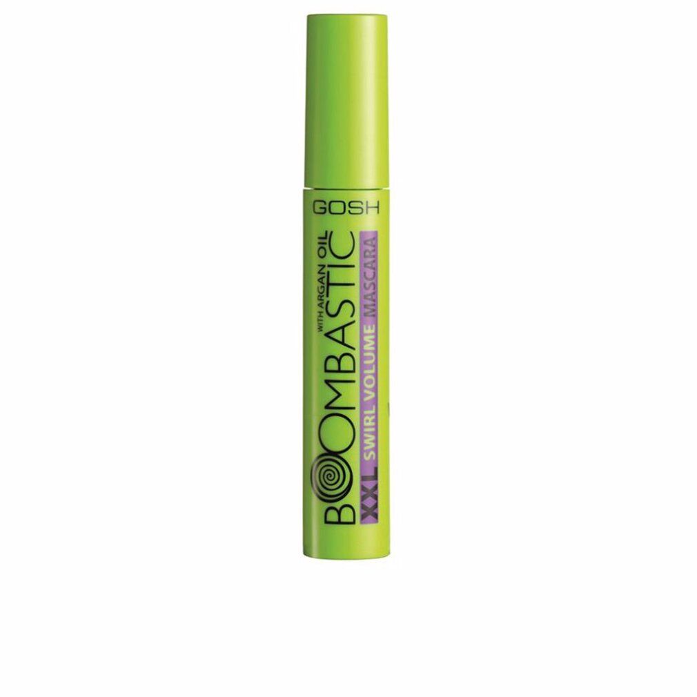 Groene mascara tube. Tekst: GOSH, BOOMBASTIC XXL SWIRL VOLUME MASCARA, met arganolie.