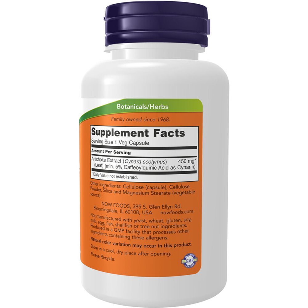 Achterkant van de witte fles. Oranje etiket met ingrediënten en fabrikant informatie. Groene accenten. Opschrift: Botanicals/Herbs, Supplement Facts.