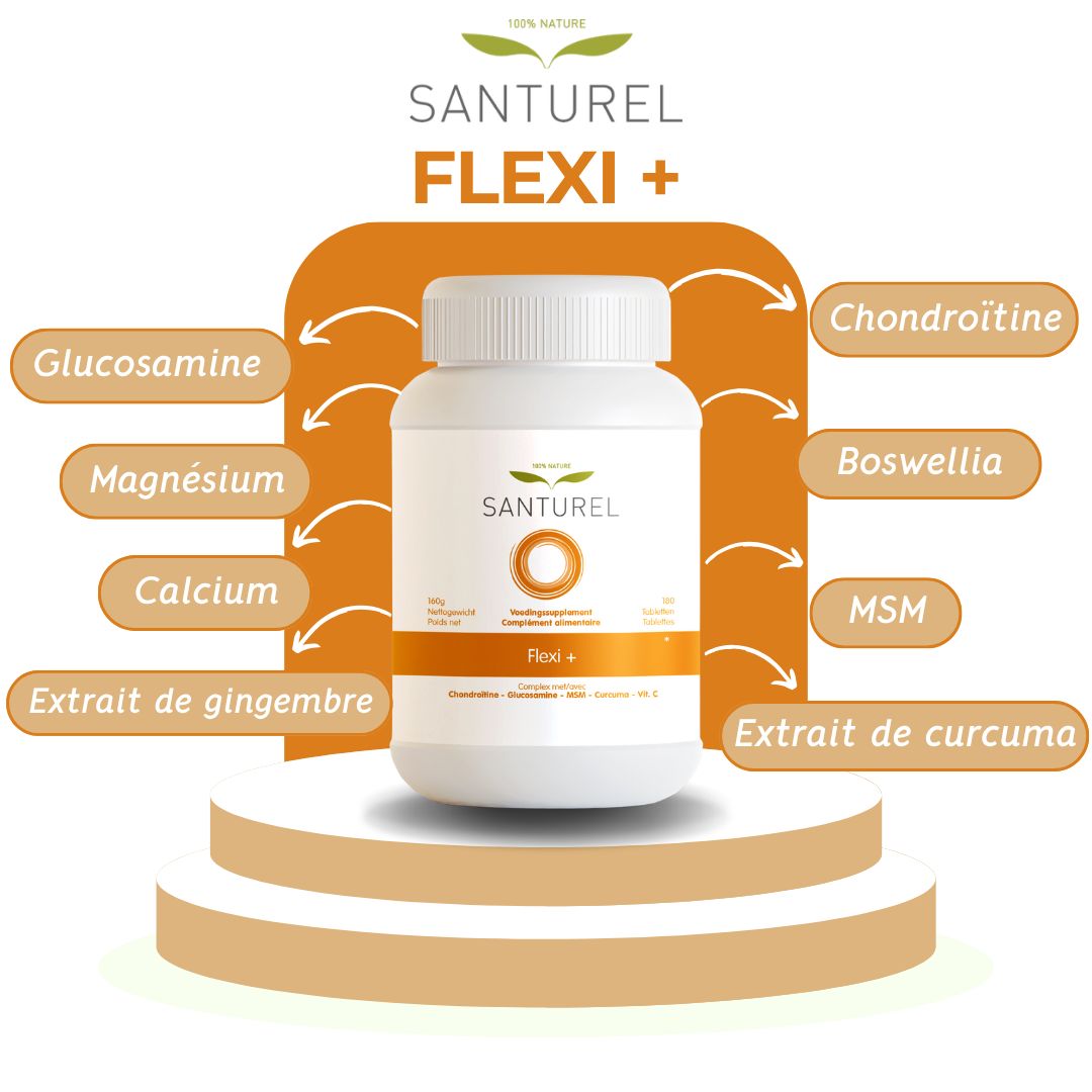 Flacon SANTUREL Flexi+ avec ingrédients : Glucosamine, Magnésium, Calcium, Gingembre, Chondroïtine, Vitamine C, MSM, Curcuma.