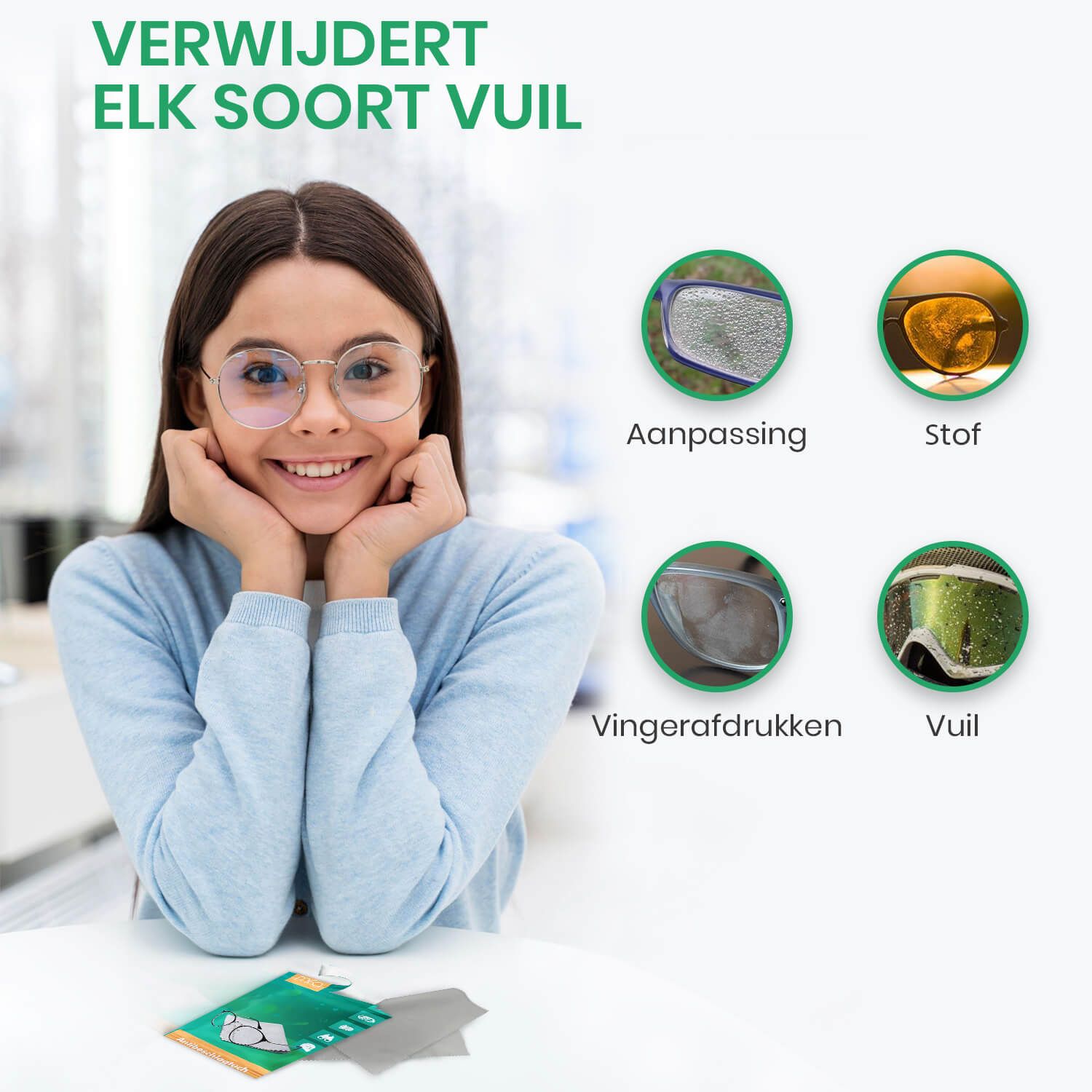 Meisje met bril. Grafieken tonen: beslaan, stof, vingerafdrukken, vuil. mfa® Antibeschlagtuch op tafel.