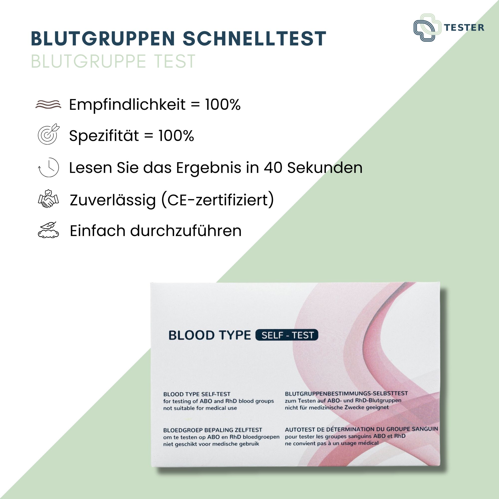 Emballage de test sanguin rapide. Texte: Sensibilité 100%, Spécificité 100%, résultat en 40 secondes, certifié CE. Nom du produit visible.