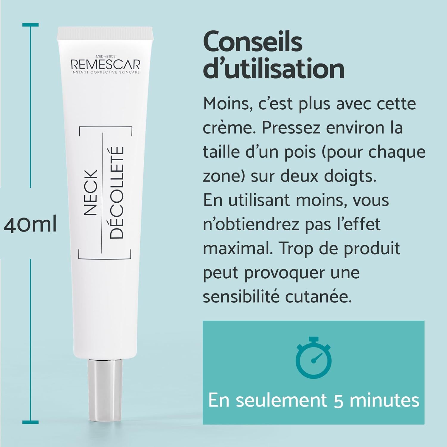 Tube Remescar Cou & Décolleté, 40ml. Tube blanc avec bouchon et embout argentés.