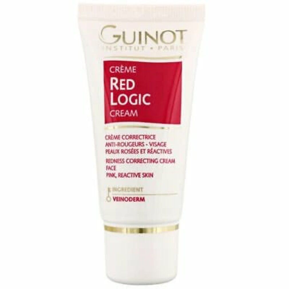 Tube blanc avec rectangle rouge et texte "Guinot Crème Red Logic Cream". Détails dorés. Texte en anglais et français.