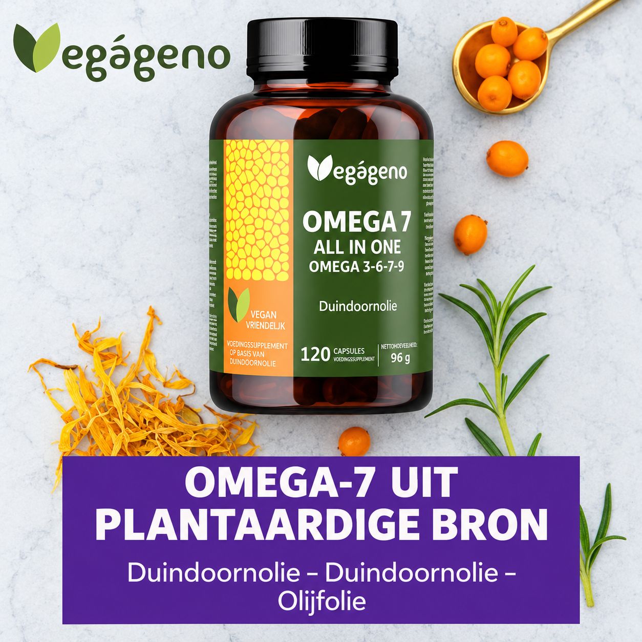 Vegageno Omega 7 capsules: 120 stuks in bruine fles, gedecoreerd met duindoornbessen en kruiden.