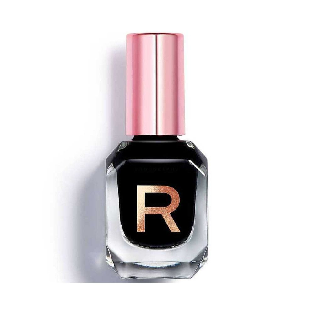 Zwarte nagellak in een zeshoekig glazen flesje met rosé dop.