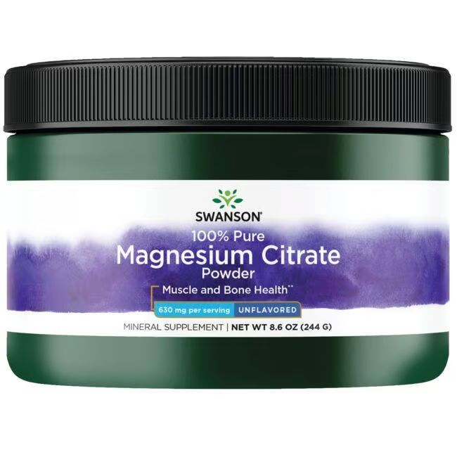 Groene pot met zwart deksel. Opschrift: Swanson 100% Pure Magnesium Citrate Powder. Unflavored.