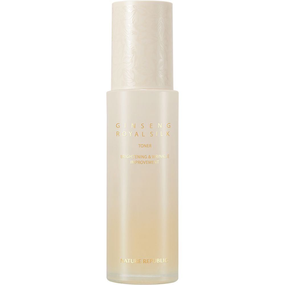 Flacon beige avec bouchon blanc. Texte: Ginseng Royal Silk Toner, Brightening & Wrinkle Improvement. Marque: NATURE REPUBLIC.