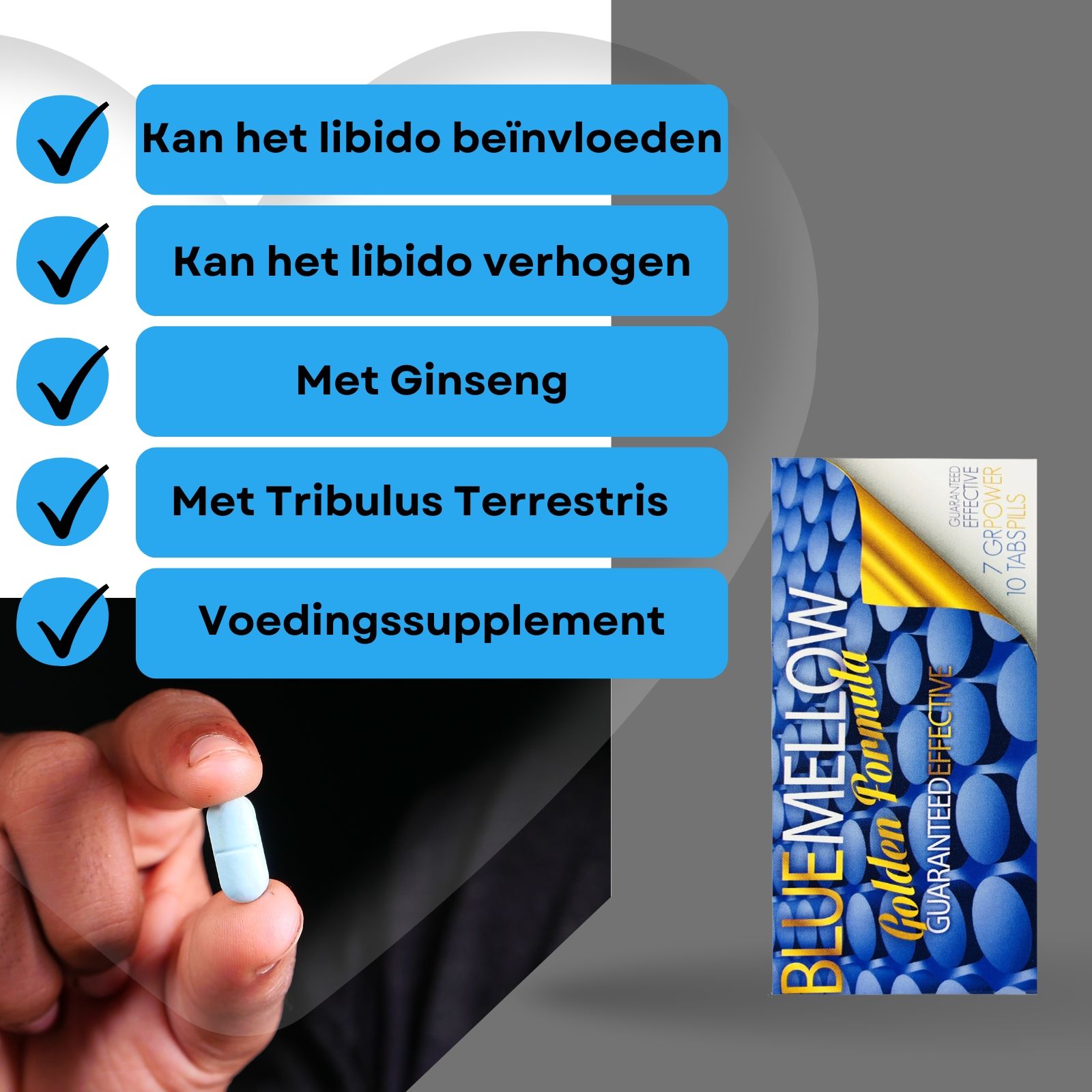 Productverpakking en tablet. Opschrift: BLUE MELLOW Golden Formula. 7 GR POWER, 10 TABS/PILLS. Blauwe tablet.