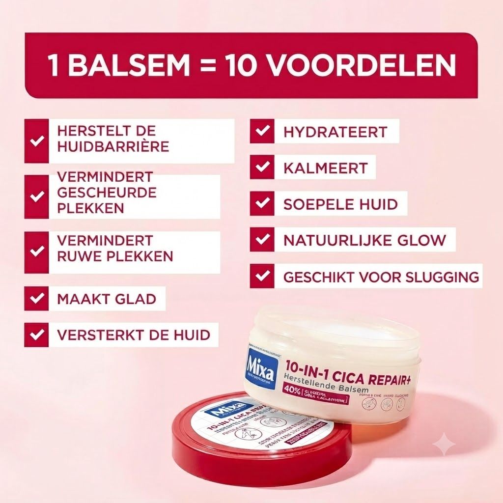Mixa 10-in-1 Cica Repair+ Balsem met 40% Cica. Lijst met voordelen zoals huidbarrière herstel en hydratatie.