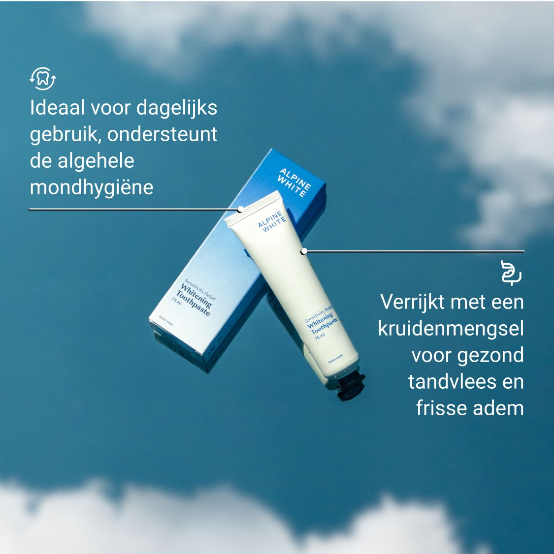 Man poetst tanden. Tekst: Het product doet wat het belooft en is van Zwitserse makelij, elke frank waard.