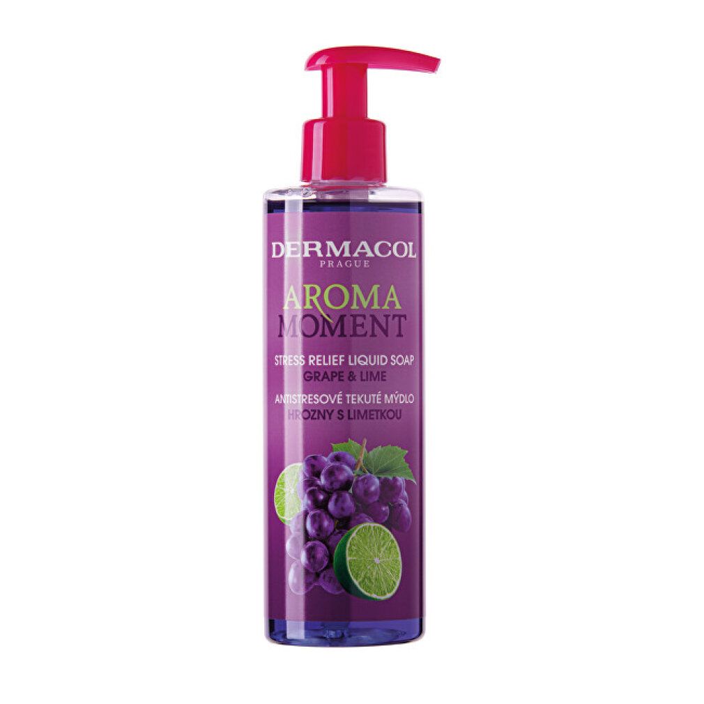 Fles met roze pomp. Opschrift: Dermacol Aroma Moment Grape & Lime. Afbeelding van druiven en limoen.