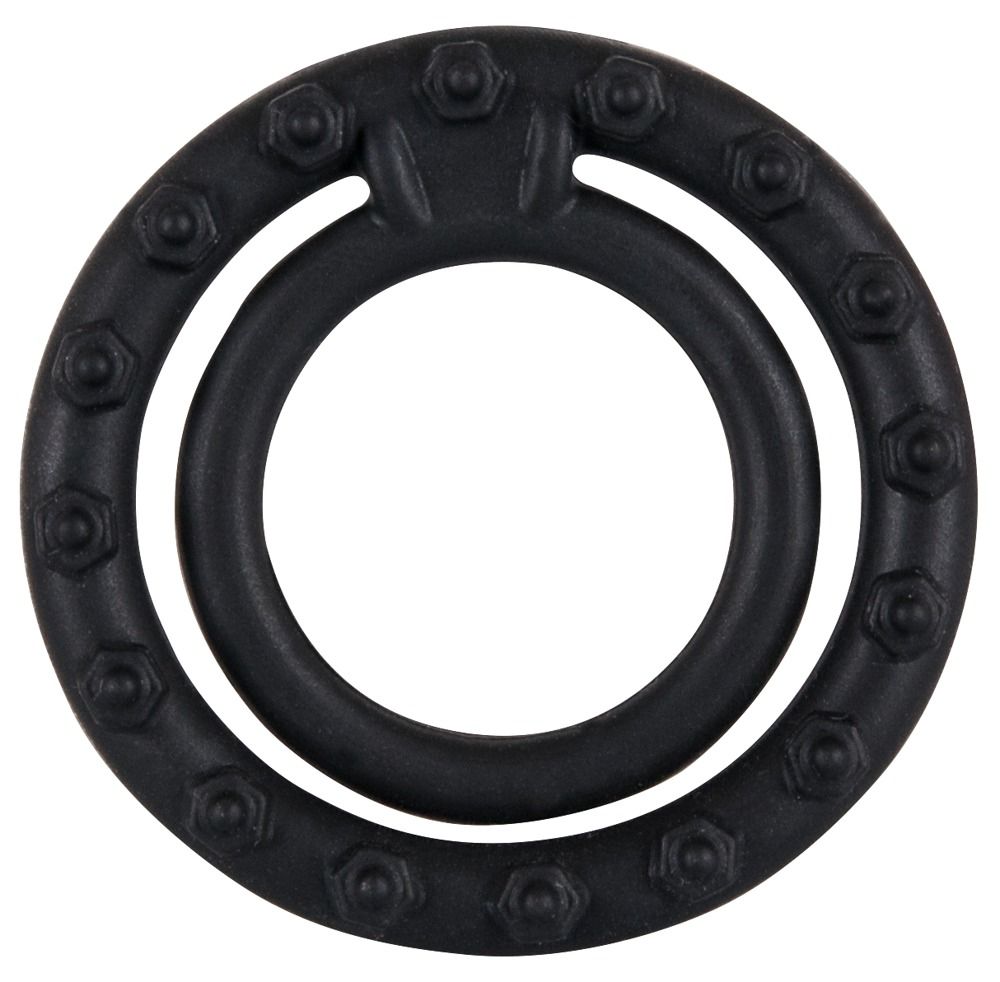 Zwarte penisring met ballenring. De buitenste ring heeft noppen. De binnenste ring is glad.