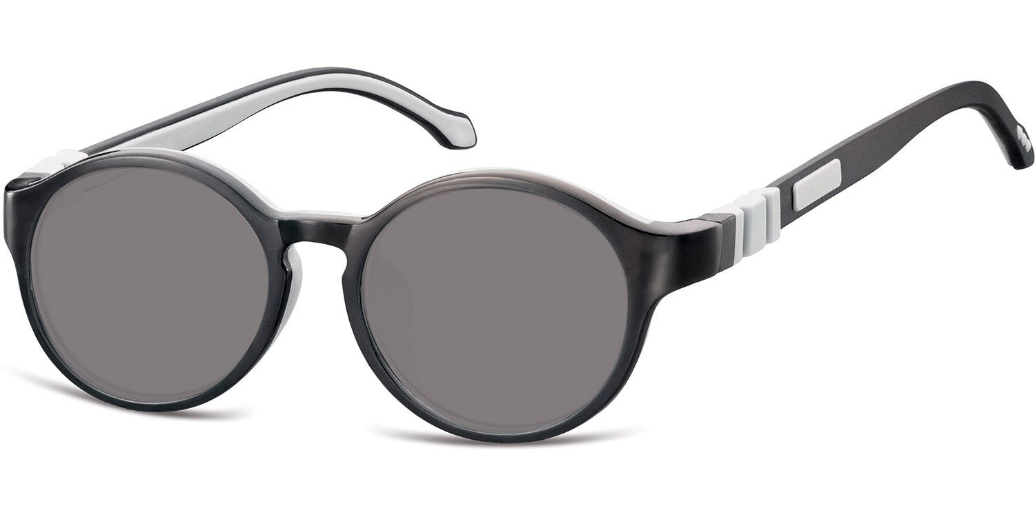 Lunettes de soleil rondes avec verres gris et monture noire. Accents blancs sur les branches et les charnières.