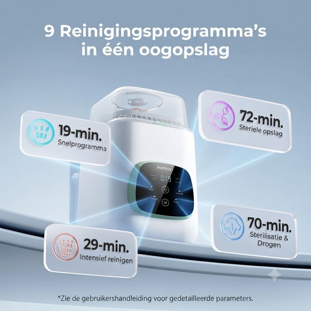 Een witte sterilisator met digitaal display en vier programma's: 19 min. Snel, 29 min. Intensief reinigen, 70 min. Steriliseren & Drogen, 72 min. Steriel opslaan.
