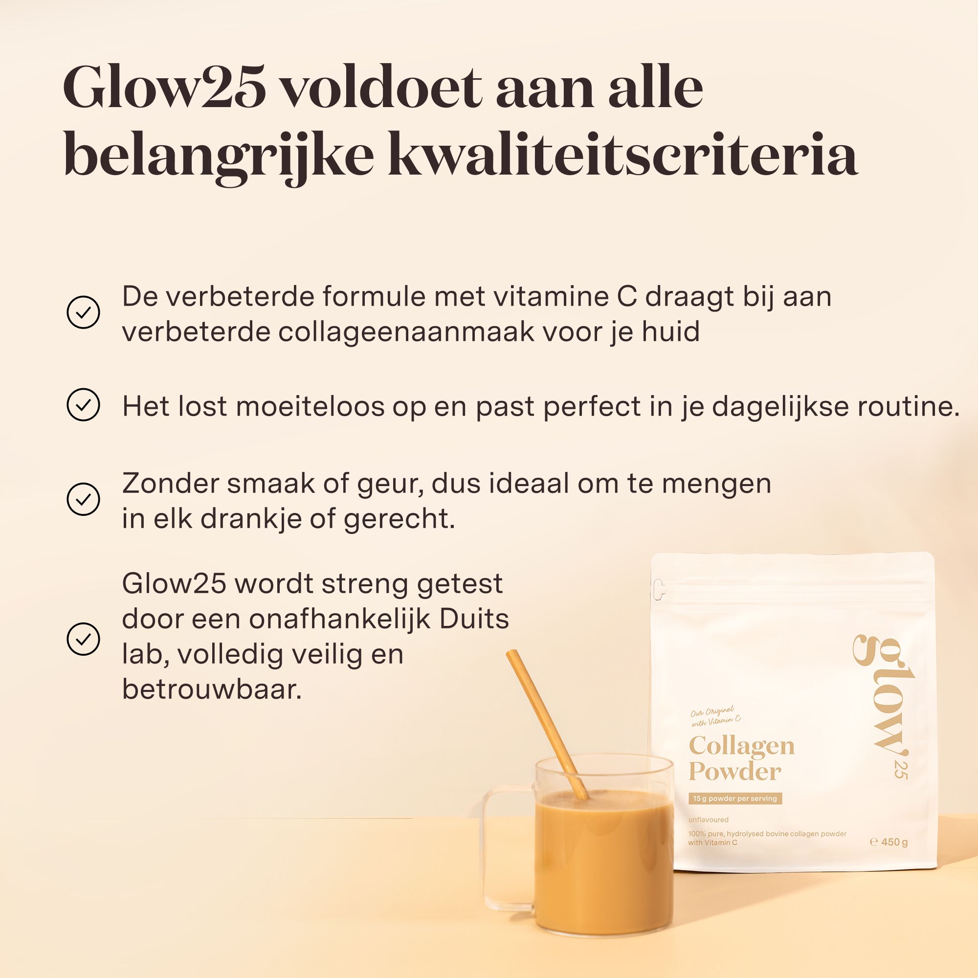 Instructies voor bereiding met Glow25 collageen. Poeder in drank.
