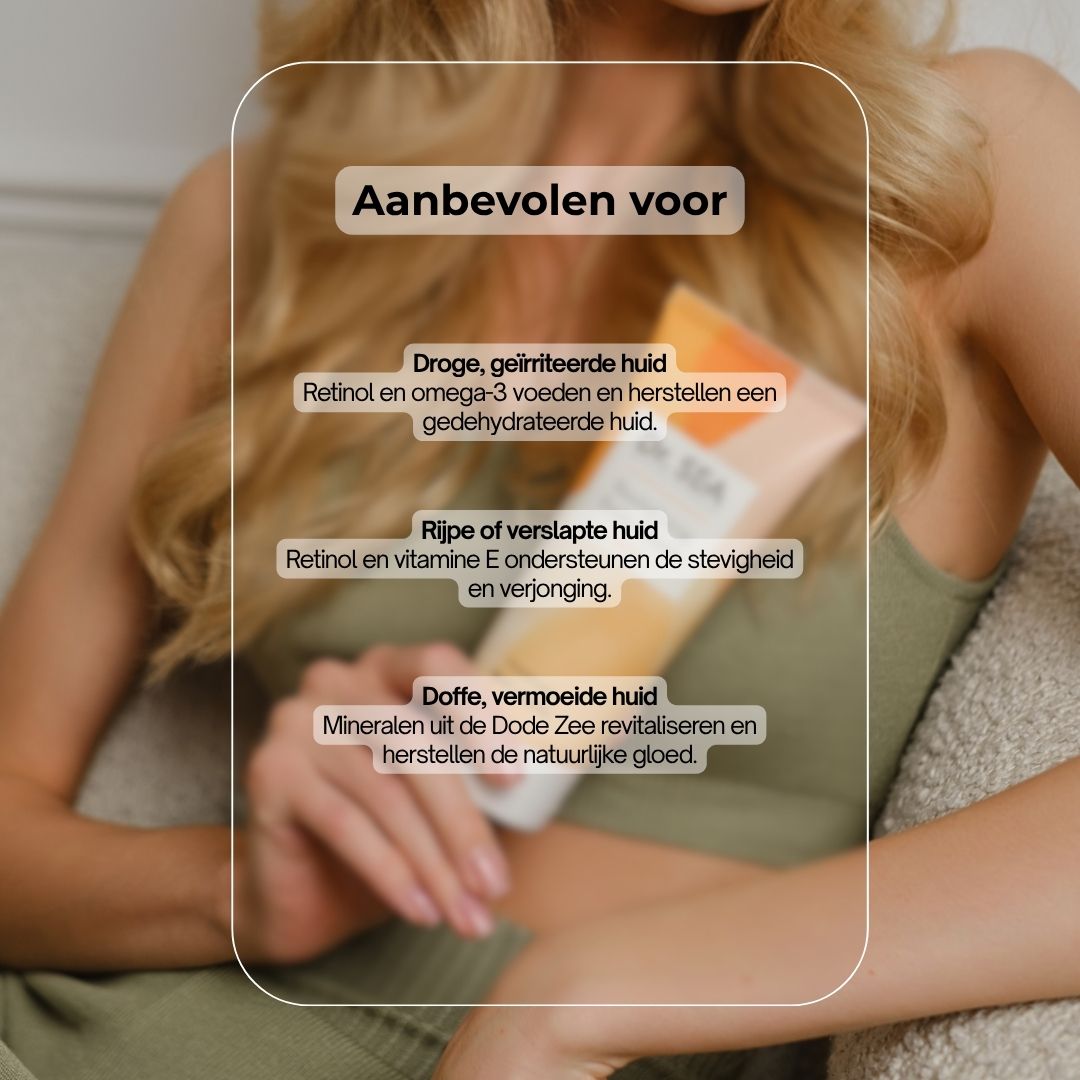 Crèmetube "Dr. SEA Revitalizing Body Cream Retinol" met tekst en illustraties. Achtergrond met bloem.