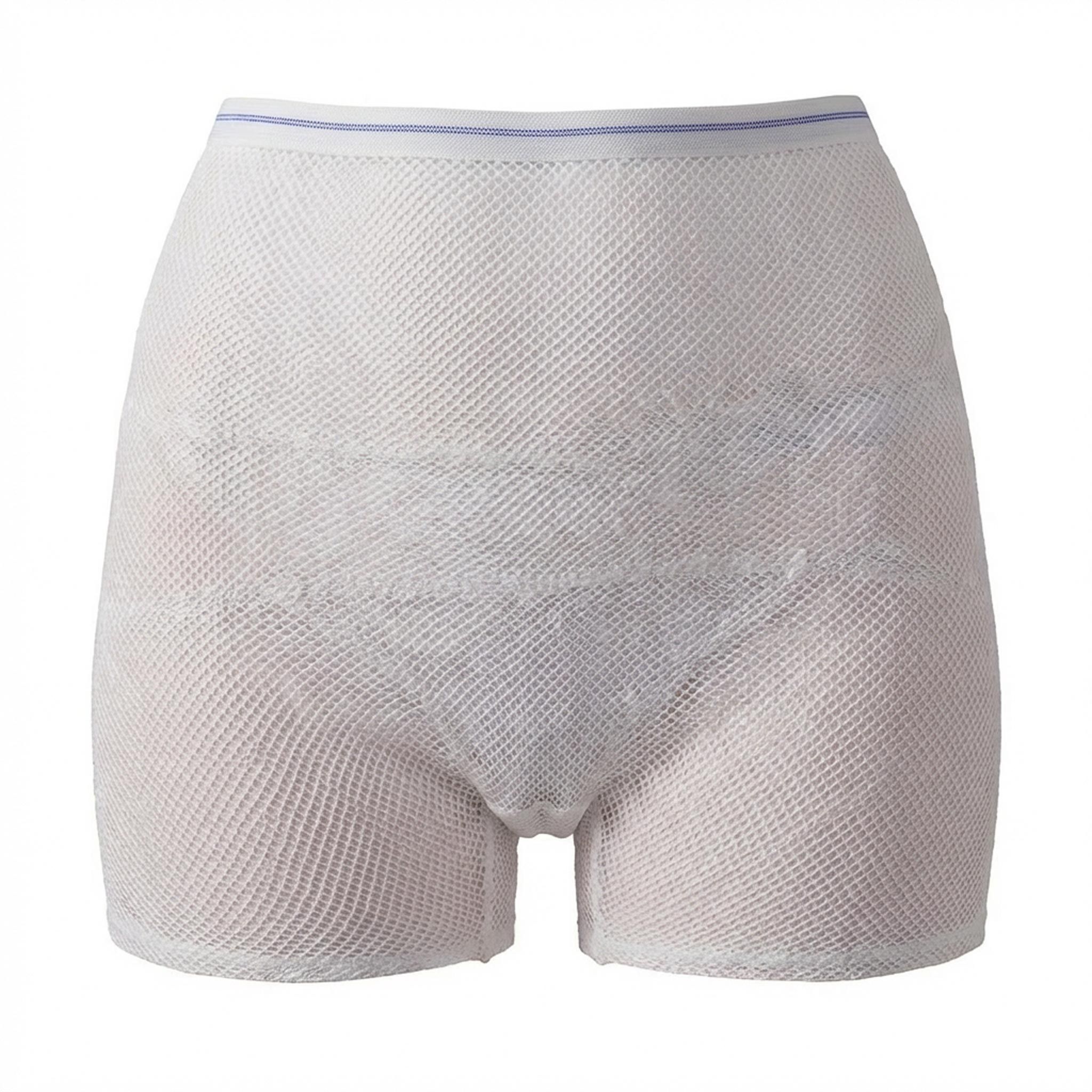 Witte postpartum netbroek. Korte vorm, hoge taille, blauwe lijn aan de tailleband. Productweergave.