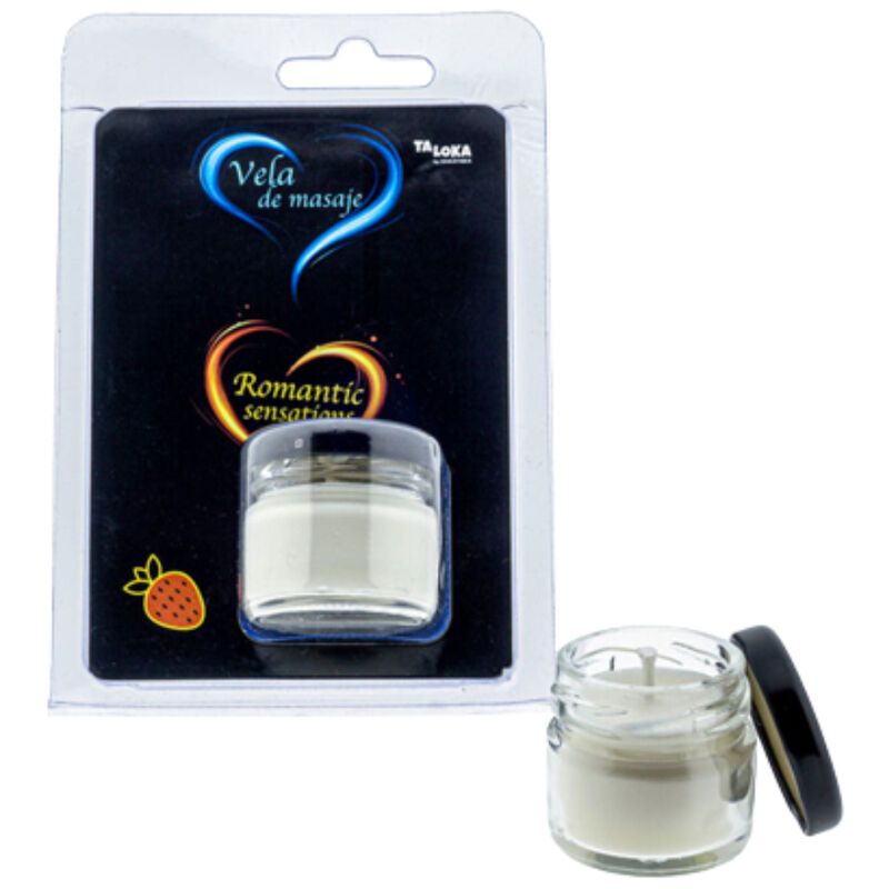 Bougie de massage en pot de verre avec couvercle. Emballage noir avec texte : Vela de masaje, Romantic sensations. Marque : Taloka.