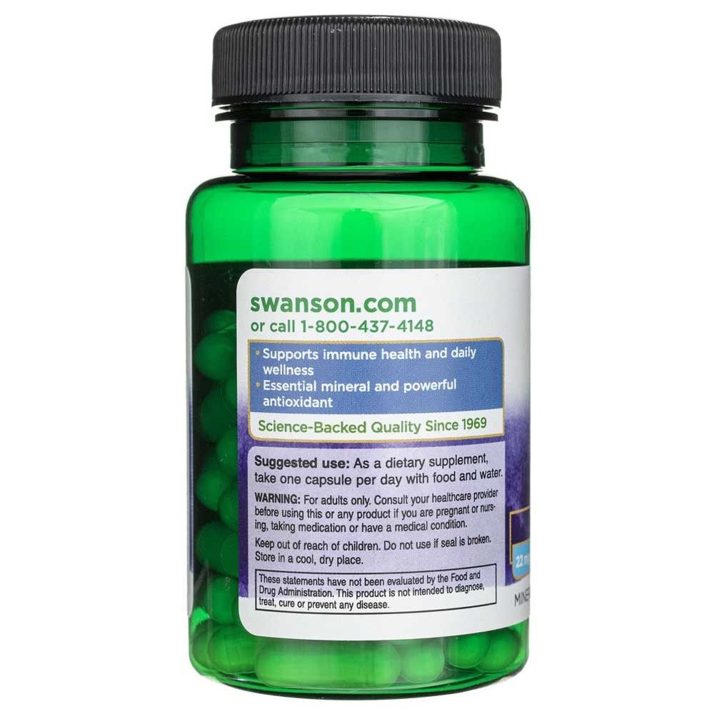 Bouteille verte avec étiquette blanche indiquant Swanson.com et des instructions. Contient des gélules vertes.