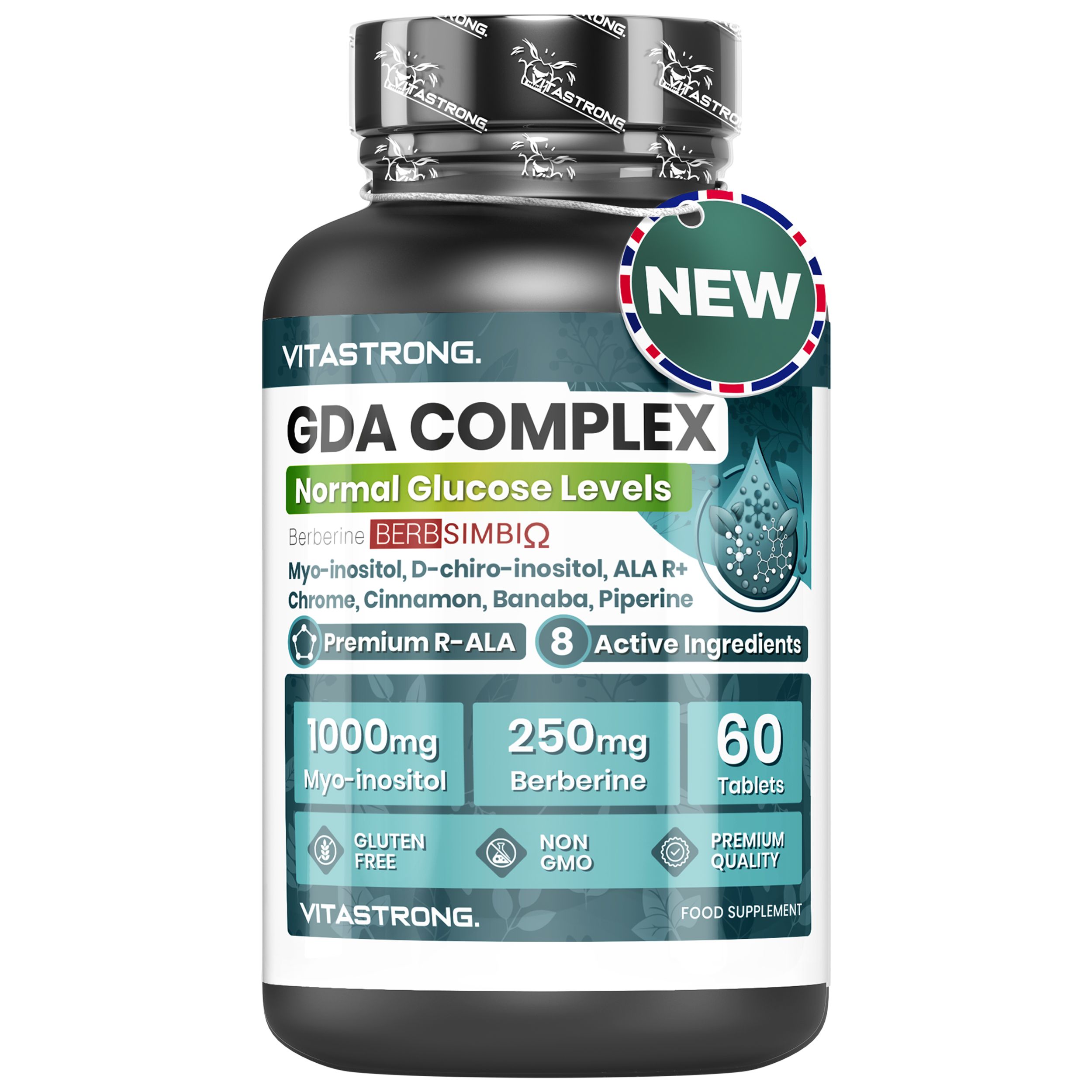 Vitastrong GDA Complex, 60 comprimés. Emballage. Texte: Myo-Inositol, Berbérine, 60 comprimés, sans gluten, sans OGM.