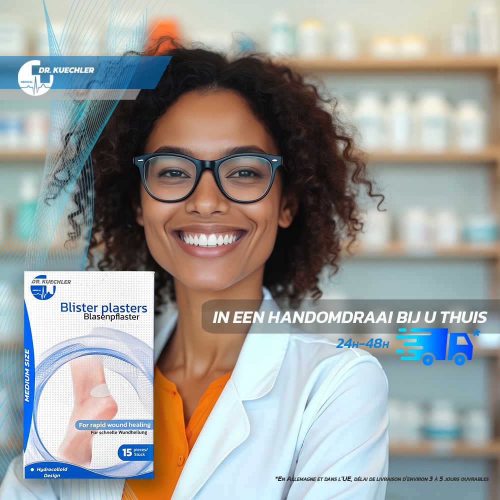 Gedetailleerd zicht op de hydrocolloïd technologie van een blarenpleister. Waterdicht, 24 uur houdbaar.